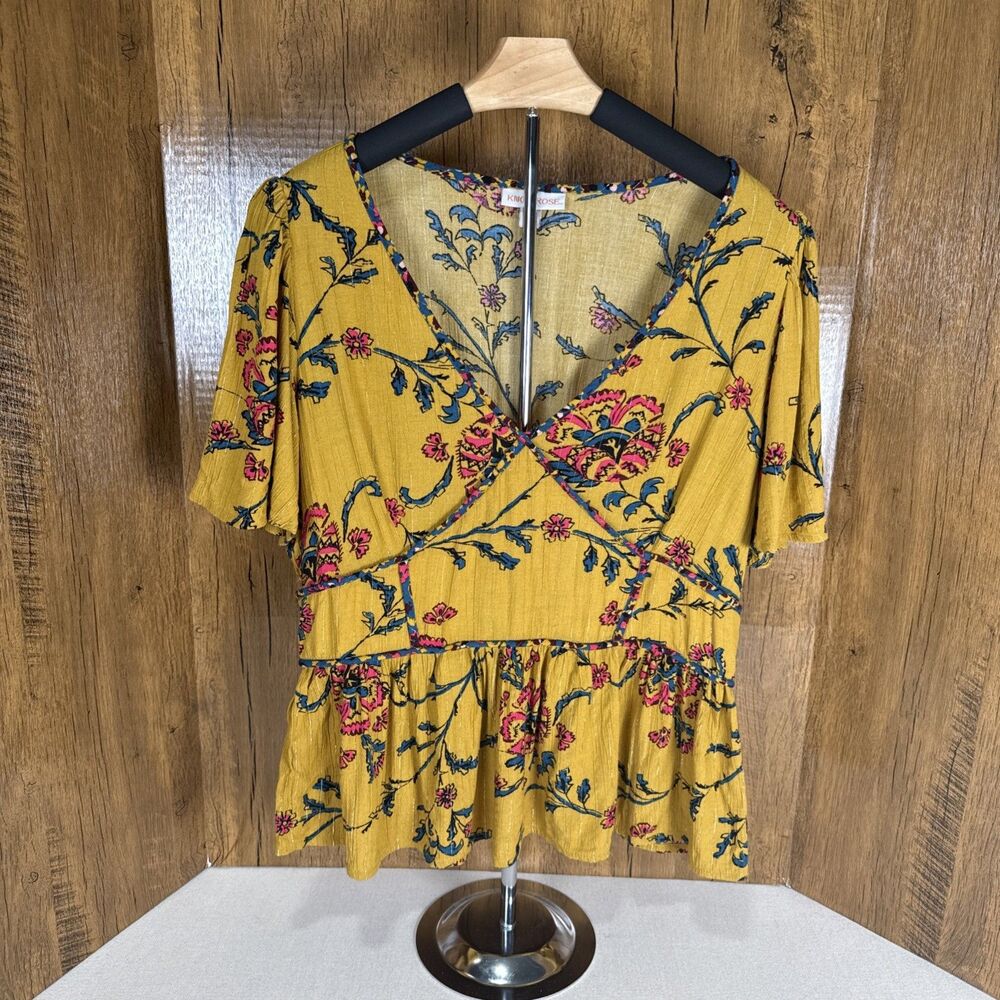 Knox Rose Womens Large Boho Peplum Top Floral Mustard Yellow Rayon Cottagecore